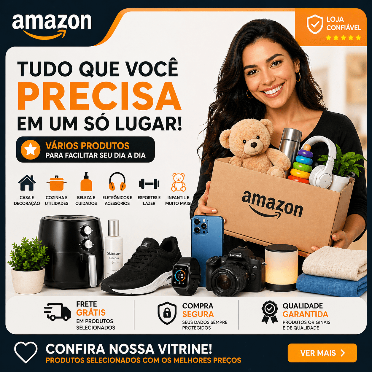 Banner promocional da Amazon com diversos produtos como eletrônicos, itens para casa, moda, beleza e acessórios, destacando frete grátis, compra segura e produtos originais.