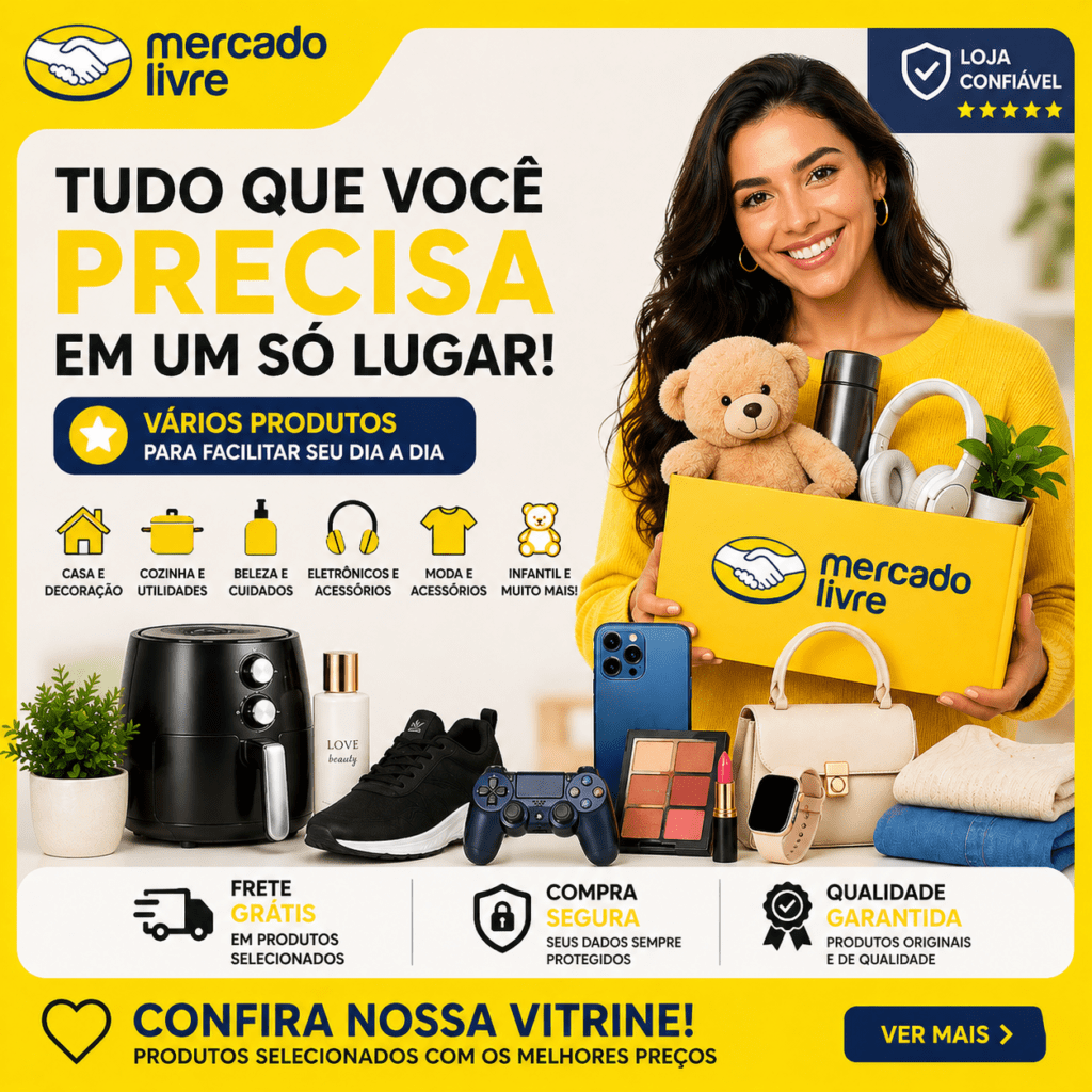 Banner promocional do Mercado Livre com diversos produtos como eletrônicos, moda, beleza, casa e acessórios, destacando frete grátis, compra segura e produtos de qualidade.