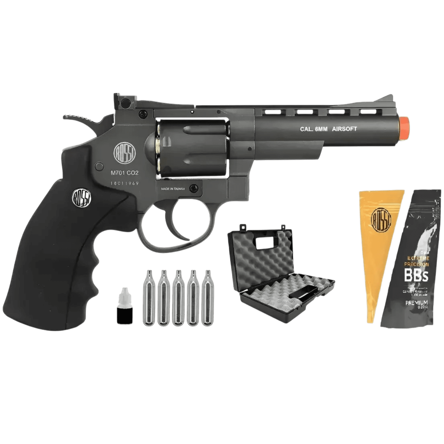 "Revólver de airsoft cinza escuro Rossi M701 com ponta laranja, posicionado ao lado de cinco cápsulas de CO2, um frasco pequeno, maleta rígida aberta e um pacote de BBs."