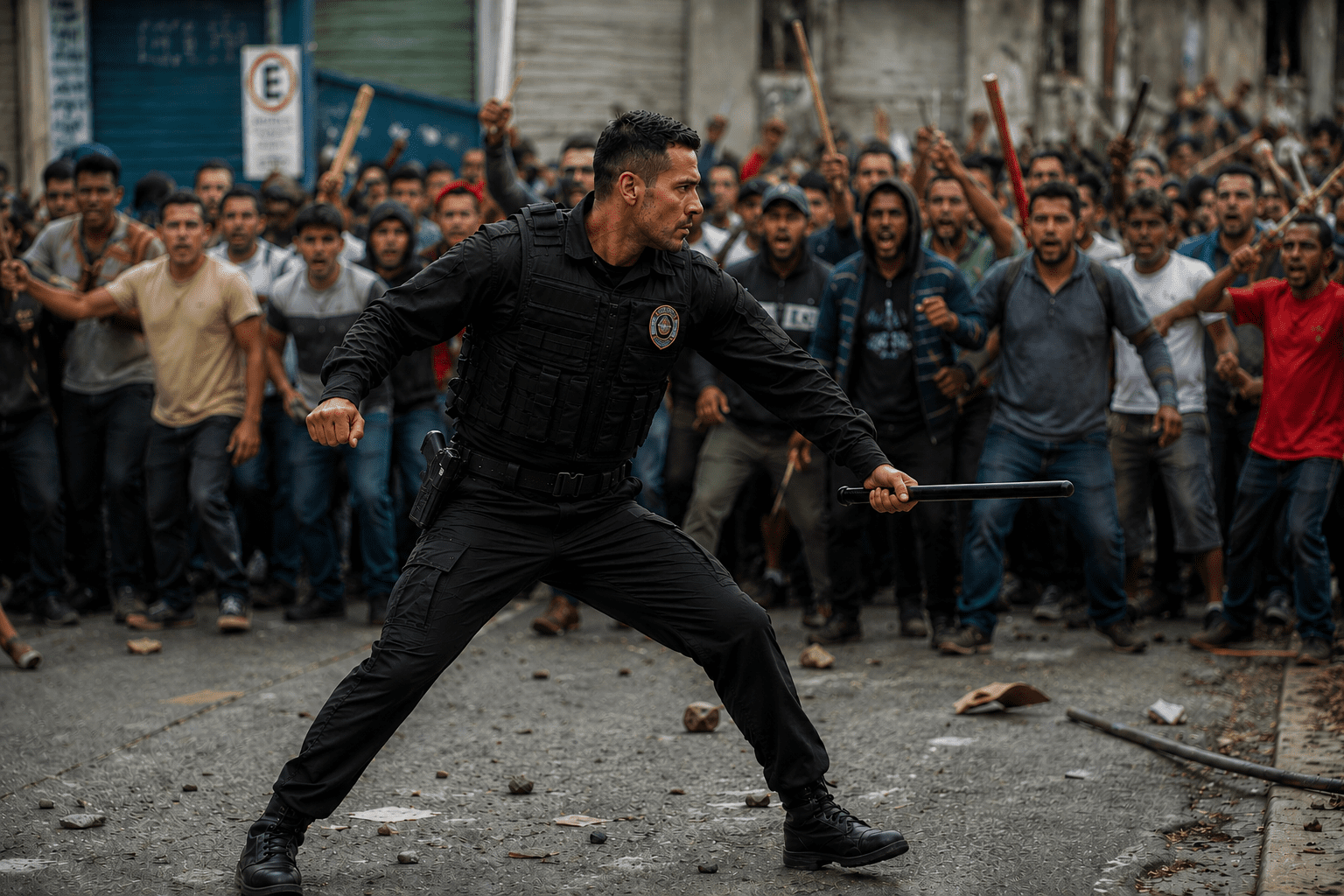 "Homem com fardamento preto tático escrito 'Vigilante', em postura de combate segurando um bastão de defesa, em uma rua urbana com uma multidão hostil ao fundo carregando pedaços de madeira."
