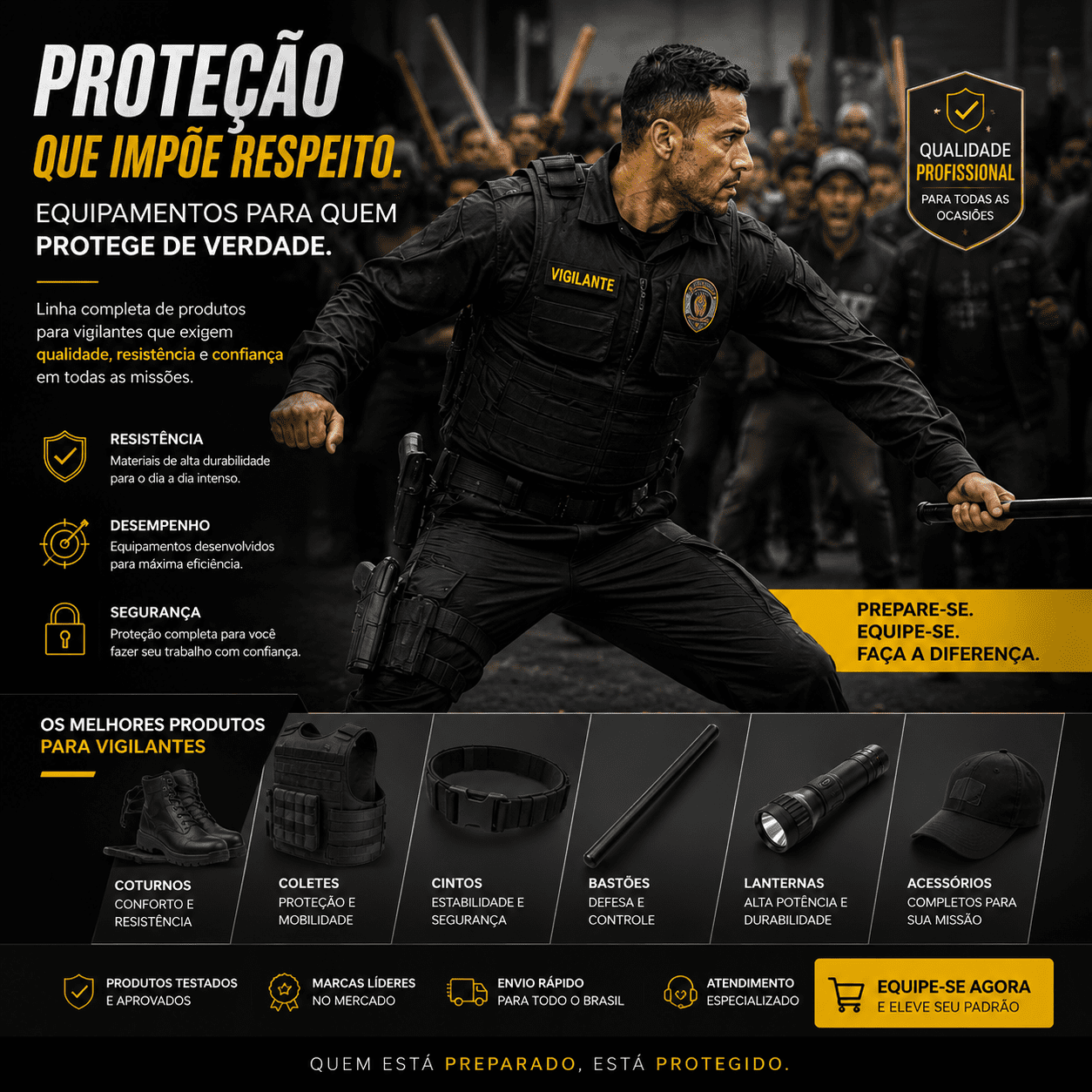 Vigilante de uniforme tático preto e colete balístico em postura defensiva segurando um bastão tático, com uma multidão desfocada ao fundo em uma rua.