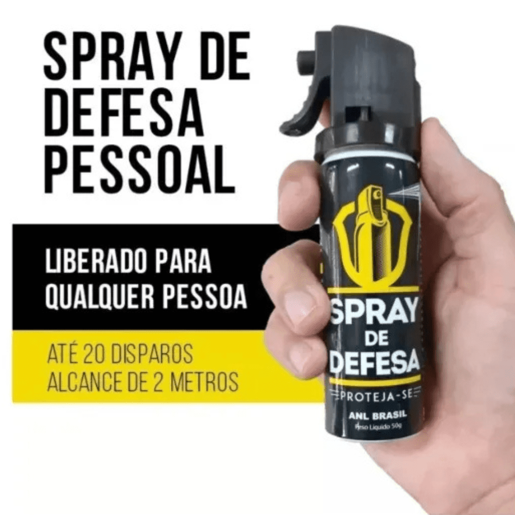 "Infográfico com fundo branco e blocos em preto e amarelo exibindo uma mão segurando um spray de defesa pessoal preto com rótulo ANL Brasil."