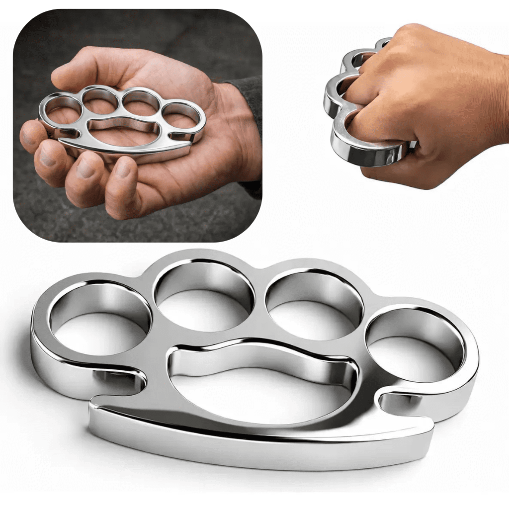 "Soco inglês de metal cromado espelhado em primeiro plano, com duas imagens superiores mostrando uma mão segurando o objeto aberto e outra com o punho cerrado."
