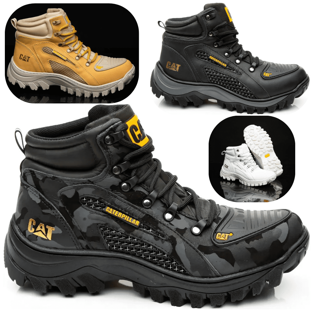 "Bota coturno preta Caterpillar com solado tratorado em primeiro plano, acompanhada por três imagens menores mostrando as versões nas cores mostarda, camuflada e branca."