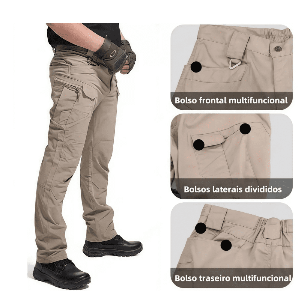 "Calça tática masculina cáqui com bolsos cargo laterais, exibida de perfil em um modelo e detalhada em três imagens focadas nos bolsos frontais, laterais e traseiros."