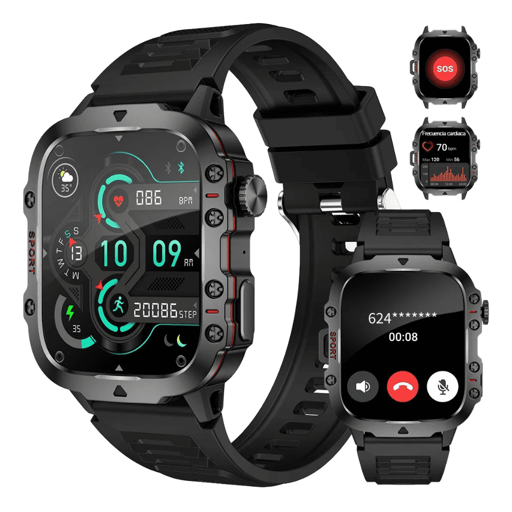 "Conectividade robusta em qualquer terreno: o smartwatch tático FoxBox combina uma estrutura blindada ultra resistente com chamadas via Bluetooth e monitoramento de saúde em tempo real."