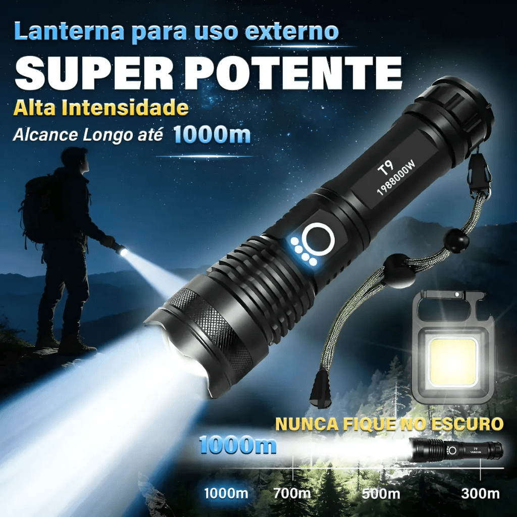 Lanterna tática preta T9 projetando feixe de luz forte em cenário de montanhas, exibindo escala de alcance até 1000m e mini lanterna COB com mosquetão.