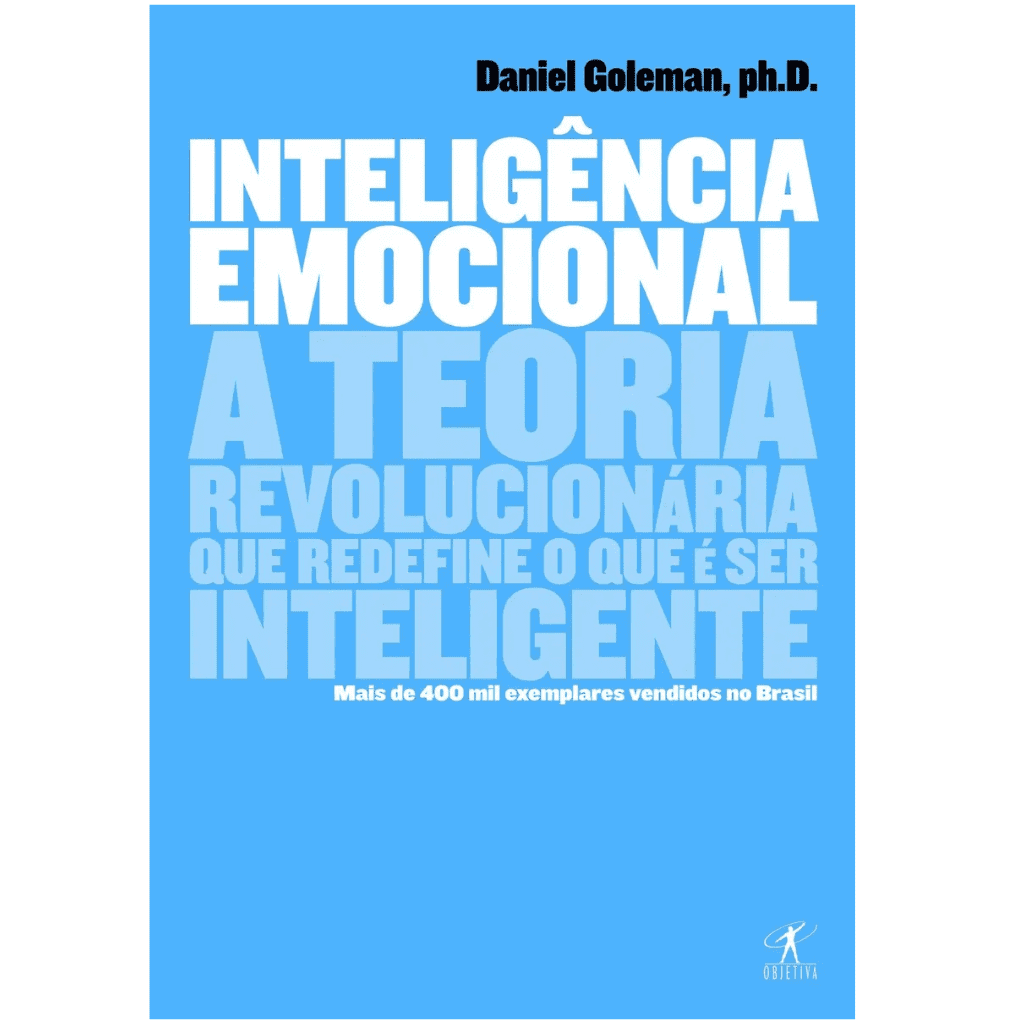 "Capa do livro Inteligência Emocional de Daniel Goleman, ph.D., com fundo azul claro, letras grandes em branco e tons de azul, exibindo o selo da editora Objetiva."